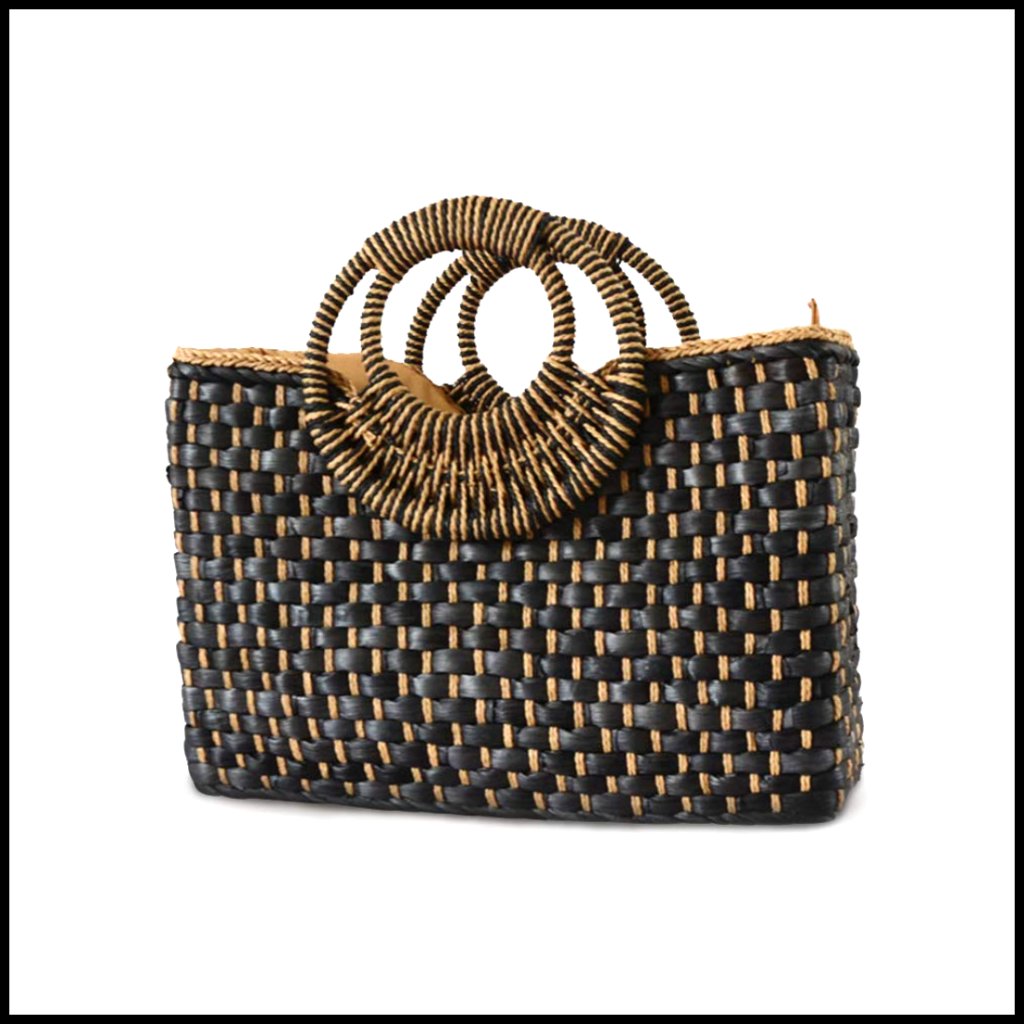 Retro Straw Tote Bag Handwoven Boho Beach Travel Large Capacity Zip Closure